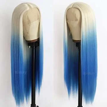 Itimay Long Straight Hair Blonde to Blue Color Wigs Heat Resistant Glueless Hair Ombre Blue Hair Synthetic Lace Front Wigs for Fashion Women
