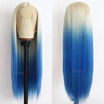 Itimay Long Straight Hair Blonde to Blue Color Wigs Heat Resistant Glueless Hair Ombre Blue Hair Synthetic Lace Front Wigs for Fashion Women