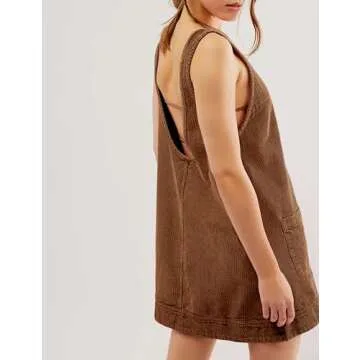 Hooever Women's Corduroy Overall Dress Round Neck A Line Skirtall Jumper Mini Dress Pinafore with Pockets(Brown-XS)