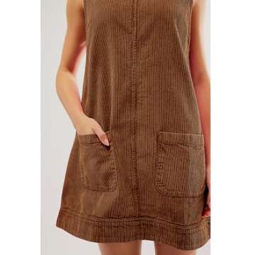 Hooever Women's Corduroy Overall Dress Round Neck A Line Skirtall Jumper Mini Dress Pinafore with Pockets(Brown-XS)