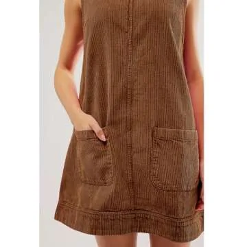Hooever Women's Corduroy Overall Dress Round Neck A Line Skirtall Jumper Mini Dress Pinafore with Pockets(Brown-XS)