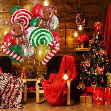 Christmas Balloons, Red Green Gold Xmas Balloons, Christmas Decor Balloons with Candy Cane Gingerbread Man Mylar Foil Balloons Confetti Balloons Set for Christmas Gingerbread House Party Decorations