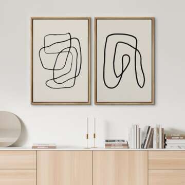 SIGNWIN Framed Wall Art Print Set Black Lines Over Tan Plain Background Abstract Swirly Cozy Neutral Modern Art Mid-Century Modern Expressive for Living Room, Bedroom, Office - 16"x24"x2 Panels