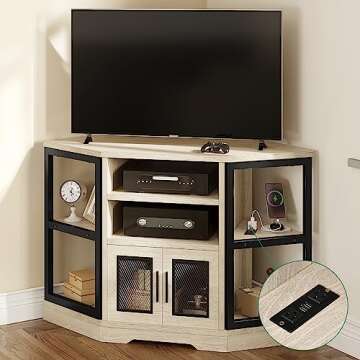 YITAHOME Corner TV Stand for TVs up to 55/50 Inch with Power Outlet, Modern Farmhouse Entertainment ...