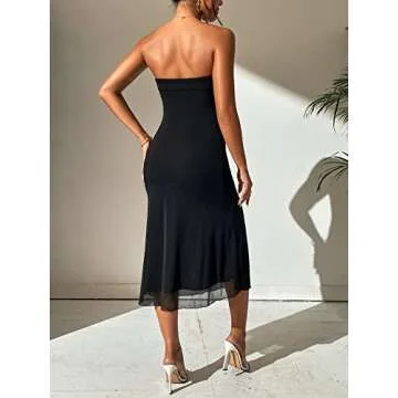 WDIRARA Women's Solid Mesh Strapless Backless Tube Bodycon Party Midi Club Dress Black L