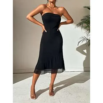 WDIRARA Women's Solid Mesh Strapless Backless Tube Bodycon Party Midi Club Dress Black L