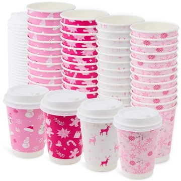 ROYAL BLUEBONNET 48 Pink Christmas Disposable Coffee Cups with Lids – 12oz Double Walled Insulated...