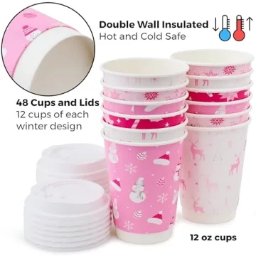 48 Pink Christmas Disposable Coffee Cups with Lids