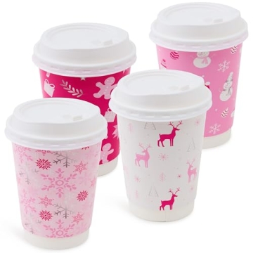 48 Pink Christmas Disposable Coffee Cups with Lids
