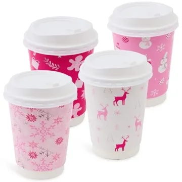 48 Pink Christmas Disposable Coffee Cups with Lids