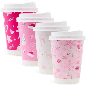 48 Pink Christmas Disposable Coffee Cups with Lids