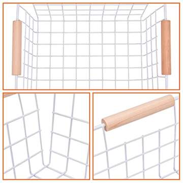 Panghuhu88 6Pcs White Wire Baskets Storage Baskets Metal Freezer Organizer bins with Wood Handles For Kitchen,Pantry,Shelf and Clothes 11.8" L 8.7" W 5.3" H