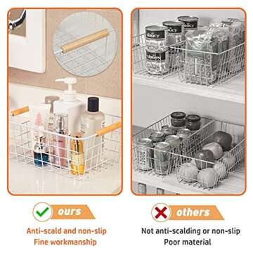 Panghuhu88 6Pcs White Wire Baskets Storage Baskets Metal Freezer Organizer bins with Wood Handles For Kitchen,Pantry,Shelf and Clothes 11.8" L 8.7" W 5.3" H