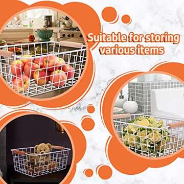 Panghuhu88 6Pcs White Wire Baskets Storage Baskets Metal Freezer Organizer bins with Wood Handles For Kitchen,Pantry,Shelf and Clothes 11.8" L 8.7" W 5.3" H