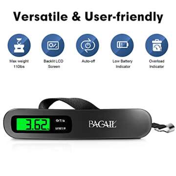 BAGAIL Digital Luggage Scale,110lbs Hanging Baggage Scale with Backlit LCD Display,Portable Suitcase Weighing Scale,Travel Luggage Weight Scale with Hook,Strong Straps for Travelers.(Black)