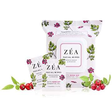 ZEA Facial Wipes | Infused With Rose Hip Essential Oil | Alcohol and Paraben Free | 50 Convenient On-The-Go Packets