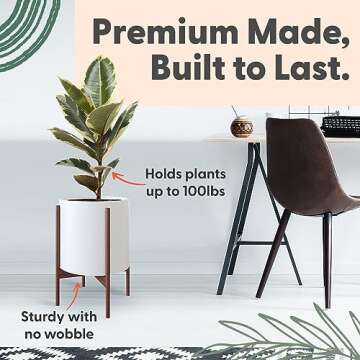 OMYSA Indoor Planter with Stand - 10 Inch Mid Century Plant Stand With Pot - Large Modern Tall Standing Wood Ceramic Pot Plant Holder with Drainage - White