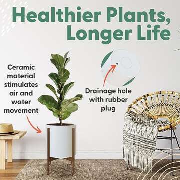 OMYSA Indoor Planter with Stand - 10 Inch Mid Century Plant Stand With Pot - Large Modern Tall Standing Wood Ceramic Pot Plant Holder with Drainage - White