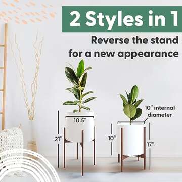 OMYSA Indoor Planter with Stand - 10 Inch Mid Century Plant Stand With Pot - Large Modern Tall Standing Wood Ceramic Pot Plant Holder with Drainage - White