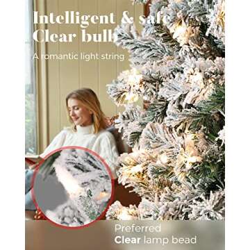 OasisCraft 7.5 Foot Prelit Snow Flocked Artificial Pencil Christmas Tree with 350 Clear Lights, Hinged Snowy Slim Xmas Tree Outdoor for Festive Holiday Decor