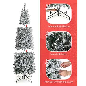 OasisCraft 7.5 Foot Prelit Snow Flocked Artificial Pencil Christmas Tree with 350 Clear Lights, Hinged Snowy Slim Xmas Tree Outdoor for Festive Holiday Decor