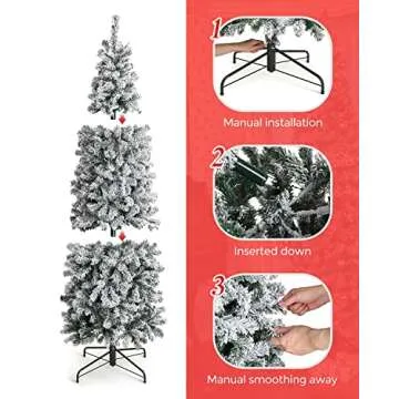 OasisCraft 7.5 Foot Prelit Snow Flocked Artificial Pencil Christmas Tree with 350 Clear Lights, Hinged Snowy Slim Xmas Tree Outdoor for Festive Holiday Decor