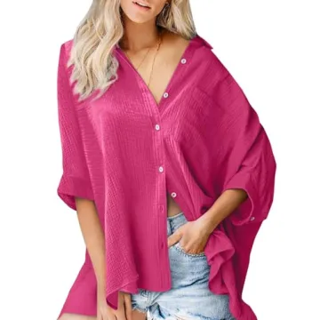 Astylish Women Elegant Shirts Classy V-Neck 3/4 Sleeve Button Down Basic Solid Chic Cotton Textured ...