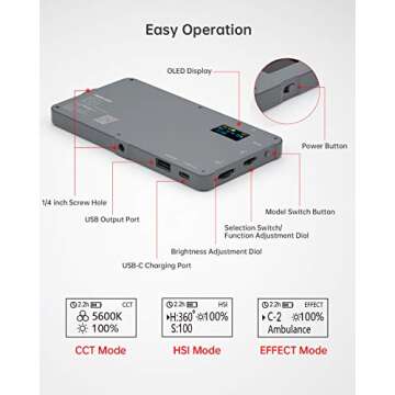 PHOTOOLEX RGB Video Light, Built-in 4000mAh 10w Rechargeable Battery LED Camera Light, 360°Full Color 21 Common Light Effects, CRI≥96 Portable Camera Light Panel with Aluminum Alloy Body