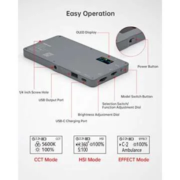 PHOTOOLEX RGB Video Light, Built-in 4000mAh 10w Rechargeable Battery LED Camera Light, 360°Full Color 21 Common Light Effects, CRI≥96 Portable Camera Light Panel with Aluminum Alloy Body