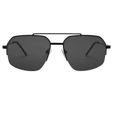 SOJOS Trendy Aviator Sunglasses Mens Womens Retro Double Bridge Metal Frame Semi-Rimless Shades Lentes De Sol Para Mujer SJ1191 Black