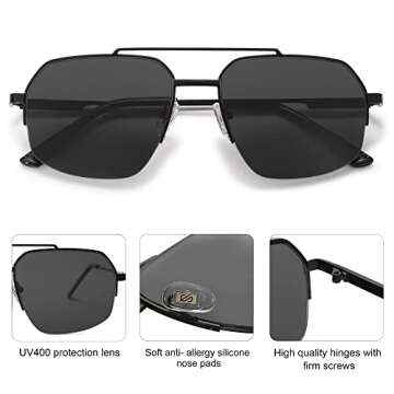SOJOS Trendy Aviator Sunglasses Mens Womens Retro Double Bridge Metal Frame Semi-Rimless Shades Lentes De Sol Para Mujer SJ1191 Black
