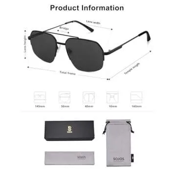 SOJOS Trendy Aviator Sunglasses Mens Womens Retro Double Bridge Metal Frame Semi-Rimless Shades Lentes De Sol Para Mujer SJ1191 Black