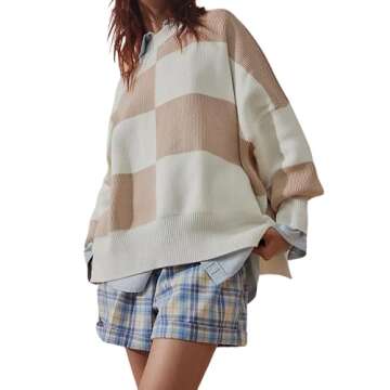 Athlisan Womens Oversized Sweater Long Dropped Shoulder Sleeve Mock Neckline Side Slit Checkered Top(White-M), Medium