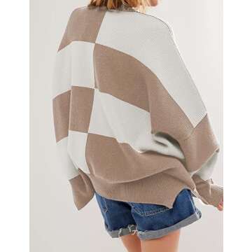 Athlisan Womens Oversized Sweater Long Dropped Shoulder Sleeve Mock Neckline Side Slit Checkered Top(White-M), Medium