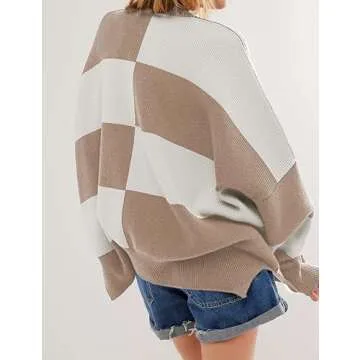 Athlisan Womens Oversized Sweater Long Dropped Shoulder Sleeve Mock Neckline Side Slit Checkered Top(White-M), Medium