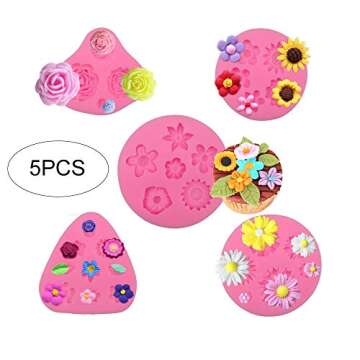 MOMOONNON 5 Pack Candy Making Decorations Flower Cake Fondant Mold Pastry Tools Sunflower Daisy Baking Silicone Small DIY Clay Molds