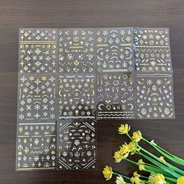 12 Sheets 3D Nail Adhesive Stickers for Women Gold Metallic Chain Line Nail Stickers Diamond Design ...