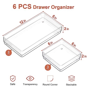 SMARTAKE Clear Plastic Drawer Organizers Set - 6 PCS