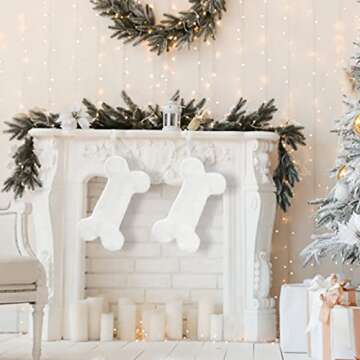 Senneny Snowy White Plush Pet Dog Christmas Stocking, Dog Christmas Stockings Large Bone Shape Faux ...