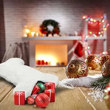 Senneny Snowy White Plush Pet Dog Christmas Stocking, Dog Christmas Stockings Large Bone Shape Faux Fur, Hanging Christmas Holiday Season Party Decor for Pets Dogs