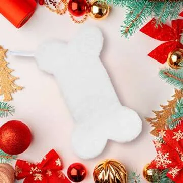 Senneny Snowy White Plush Pet Dog Christmas Stocking, Dog Christmas Stockings Large Bone Shape Faux Fur, Hanging Christmas Holiday Season Party Decor for Pets Dogs