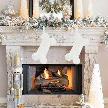 Senneny Snowy White Plush Pet Dog Christmas Stocking, Dog Christmas Stockings Large Bone Shape Faux Fur, Hanging Christmas Holiday Season Party Decor for Pets Dogs