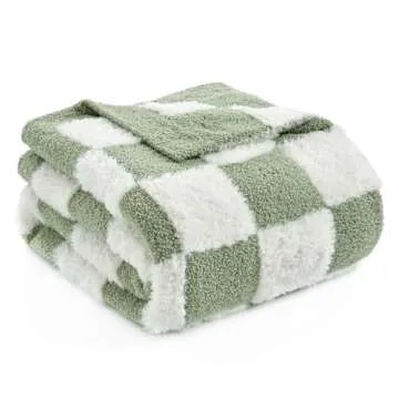 Snuggle Sac Sage Green Checkered Throw Blanket Faux Fur Knitted with Microfiber Yarn, Cozy Soft Warm Blankets for Couch,Sofa,Bedroom, St Patricks Day Gift,Sage Green Checker,50x60 inches