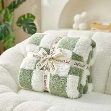 Snuggle Sac Sage Green Checkered Throw Blanket Faux Fur Knitted with Microfiber Yarn, Cozy Soft Warm Blankets for Couch,Sofa,Bedroom, St Patricks Day Gift,Sage Green Checker,50x60 inches