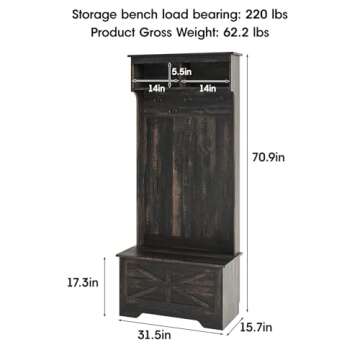 Maupvit 71" Entryway Hall Tree, Wood Entryway Furniture with Storage Bench, 3-in-1 Coat Rack with 5 ...
