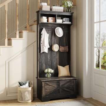 Maupvit 71" Entryway Hall Tree, Wood Entryway Furniture with Storage Bench, 3-in-1 Coat Rack with 5 Hanging Hooks, Home Mud Room Organizer with Storage and Seating for Hallway Front Door Entrance