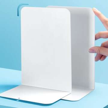 M&G Book Ends, Bookends, Large Metal Book Ends for Shelves 1 Pair, L-Type Book Stand for Heavy Books, Non-Skid Book Stopper for Office Home Kitchen Book Storage (White)