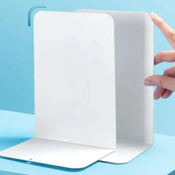 M&G Book Ends, Bookends, Large Metal Book Ends for Shelves 1 Pair, L-Type Book Stand for Heavy Books, Non-Skid Book Stopper for Office Home Kitchen Book Storage (White)