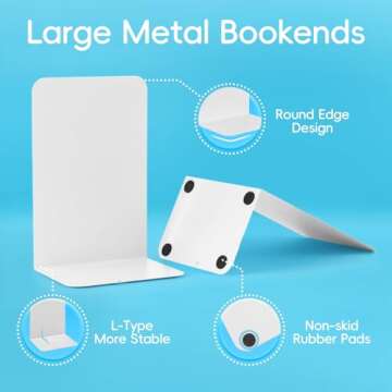 M&G Book Ends, Bookends, Large Metal Book Ends for Shelves 1 Pair, L-Type Book Stand for Heavy Books, Non-Skid Book Stopper for Office Home Kitchen Book Storage (White)