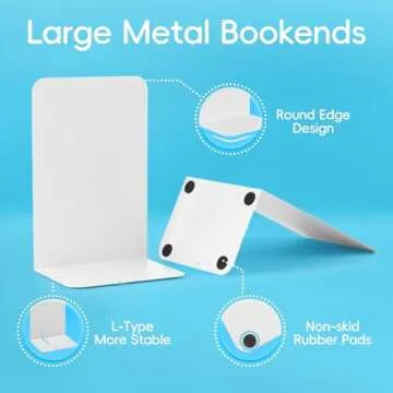 M&G Book Ends, Bookends, Large Metal Book Ends for Shelves 1 Pair, L-Type Book Stand for Heavy Books, Non-Skid Book Stopper for Office Home Kitchen Book Storage (White)